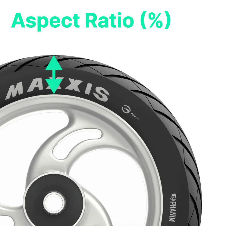 tyre with arrow drawn on top to showcase aspect-ratio of the tyre