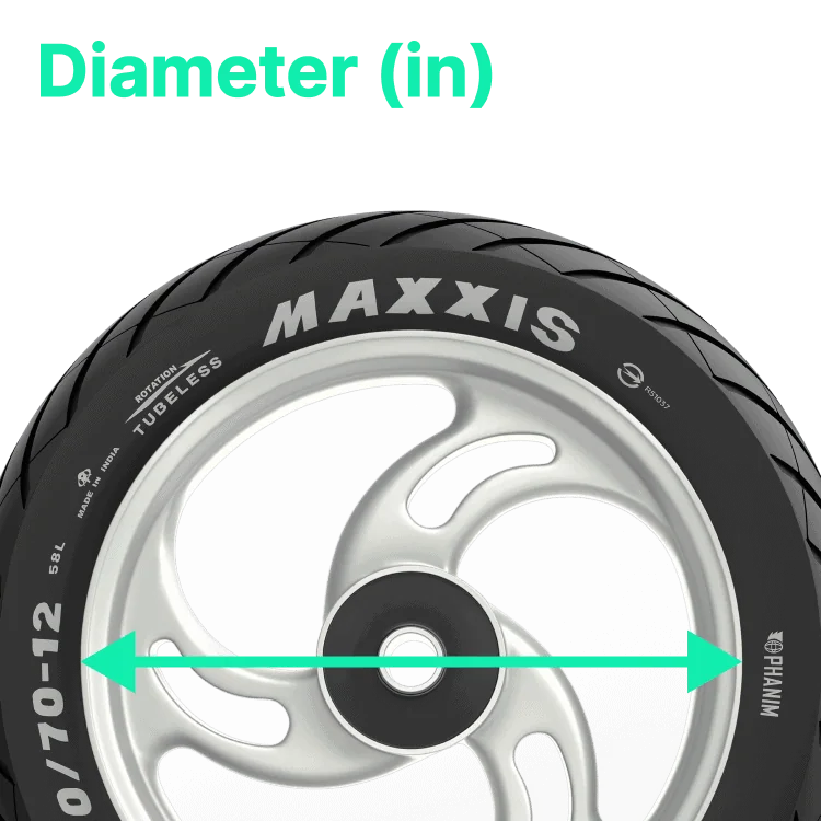 tyre with arrow drawn on top to showcase diameter of the wheel