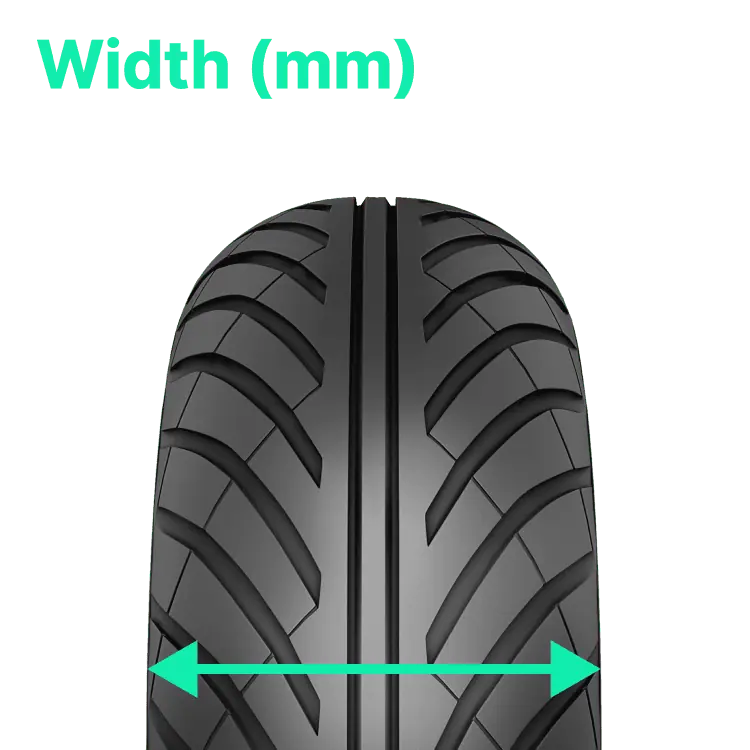 tyre with arrow drawn on top to showcase widht of the tyre